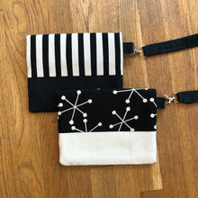 Load image into Gallery viewer, Locally handmade black &amp; white Canvas Wristlet - exclusive to wit &amp; whim!
